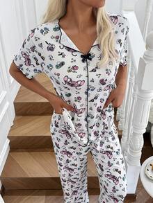 Disney 2pcs Women Knit V-Neck Bow Decor Printed Pajama Set - Light Grey - View 5