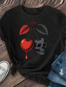 Camiseta Casual de Manga Corta para Mujer con Estampado de Cerezas y Calaveras | Camiseta casual color granate con diseño de frutas rojas y calaveras, cuello redondo de elasticidad media, adecuada para primavera, verano y otoño, camiseta casual de talla grande para mujer, camiseta de manga corta de algodón puro estampada, cuello redondo, tela elástica, camiseta de moda para primavera/verano, un regalo ideal para madres y mujeres. Regalo para el Día de la Madre, Tallas S-5XL Moda - Negro - Ver 7