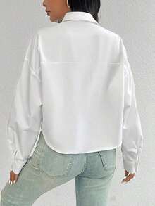 Camisa casual de manga larga con bolsillo, de ajuste suelto y hombros caídos, de unicolor, para primavera/verano, Top de manga larga - Blanco 3 - Ver 2