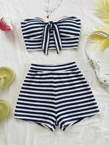 2 piezas Conjunto de top corto a rayas y shorts de cintura alta para mujer, adecuado para vacaciones, citas, té de la tarde, playa, crucero, viaje a la ciudad, festival de música, estilo bohemio de playa - Azul marino - Ver 6