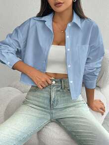 Camisa casual de manga larga con bolsillo, de ajuste suelto y hombros caídos, de unicolor, para primavera/verano, Top de manga larga - Azul - Ver 6