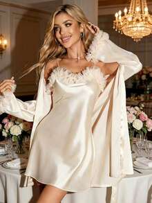 1 pieza Camisón y camisón de encaje de satén francés, conjunto de 2 piezas, bata de mañana sexy con cuello halter, pijama de novia y dama de honor para boda en casa, camisón exterior de encaje de malla simple, adecuado para maquillaje de boda. Se puede preparar como vestido para la fiesta de boda o usarse como accesorio para la ceremonia y el banquete de boda. Este pijama de mujer es adecuado para bodas de primavera y verano. - Champán - Ver 8