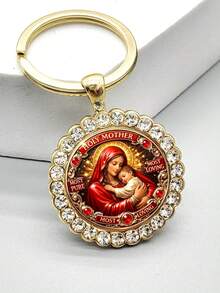 1pc Vintage Style Virgin Mary Pattern Round Keychain, Fashionable Bag And Car Key Decoration, Suitable For Men And Women, Christmas, Thanksgiving, Graduation, Birthday, Family And Friends Anniversary, Holiday Gift - Gold - View 4