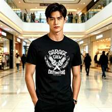 Camiseta con estampado GARAGE CREW de estilo urbano europeo y americano, de corte holgado para hombre, de algodón puro, cuello redondo y manga corta, versátil para estudiantes. - Blanco - Ver 2