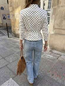 Camisa de mujer con estampado de lunares, de primavera/verano, nueva, informal, con cuello alto, botones delanteros, cintura con lazo, diseño elegante y ajuste ceñido para uso diario y viajes, color blanco - Blanco - Ver 9