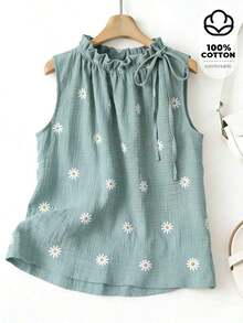 Blusa sin mangas con estampado floral diminuto y cuello con volantes, casual de verano para mujer - Verde - Ver 1
