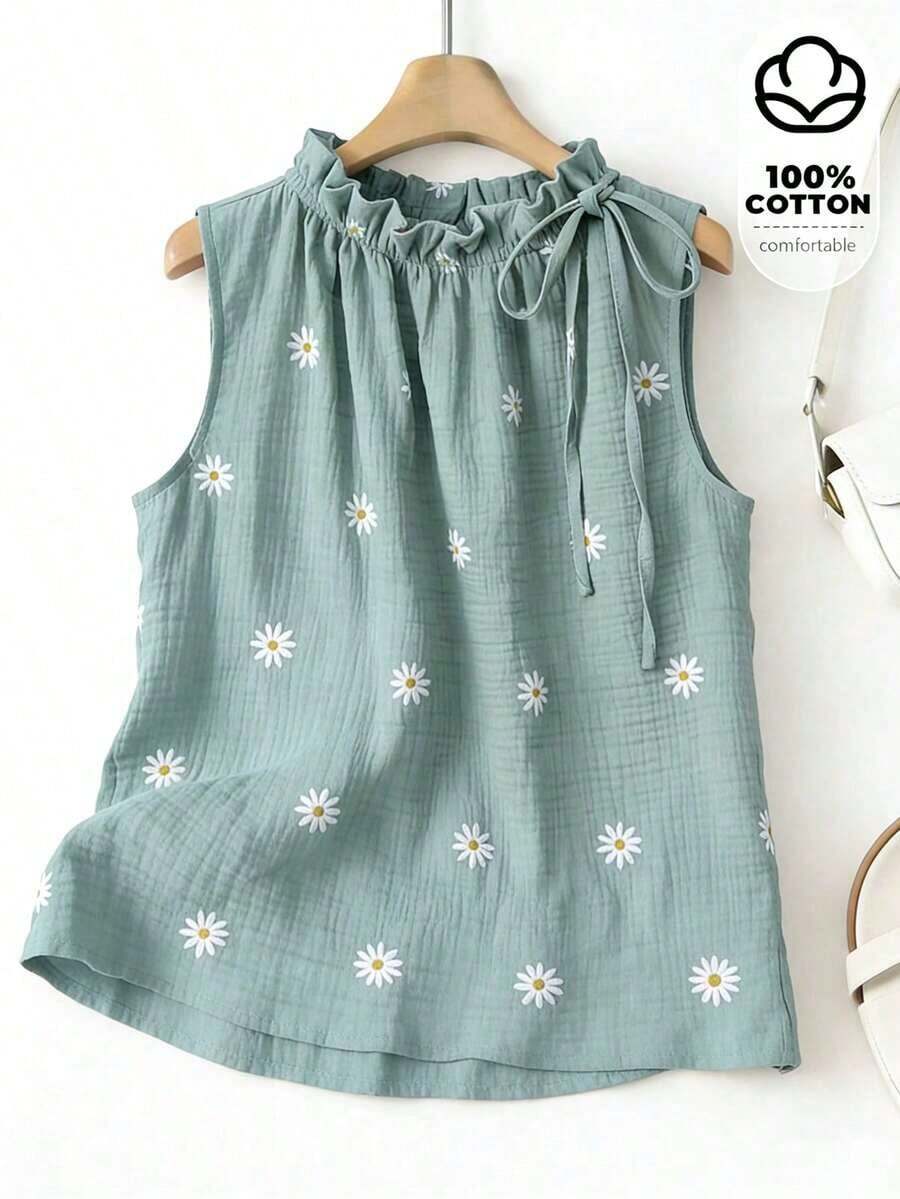Blusa sin mangas con estampado floral diminuto y cuello con volantes, casual de verano para mujer - Verde - Ver 1