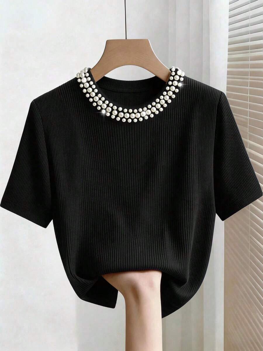 Camiseta de manga corta con cuello redondo ajustado, con cuentas y acanalada, elegante para mujeres - Negro 2 - Ver 1