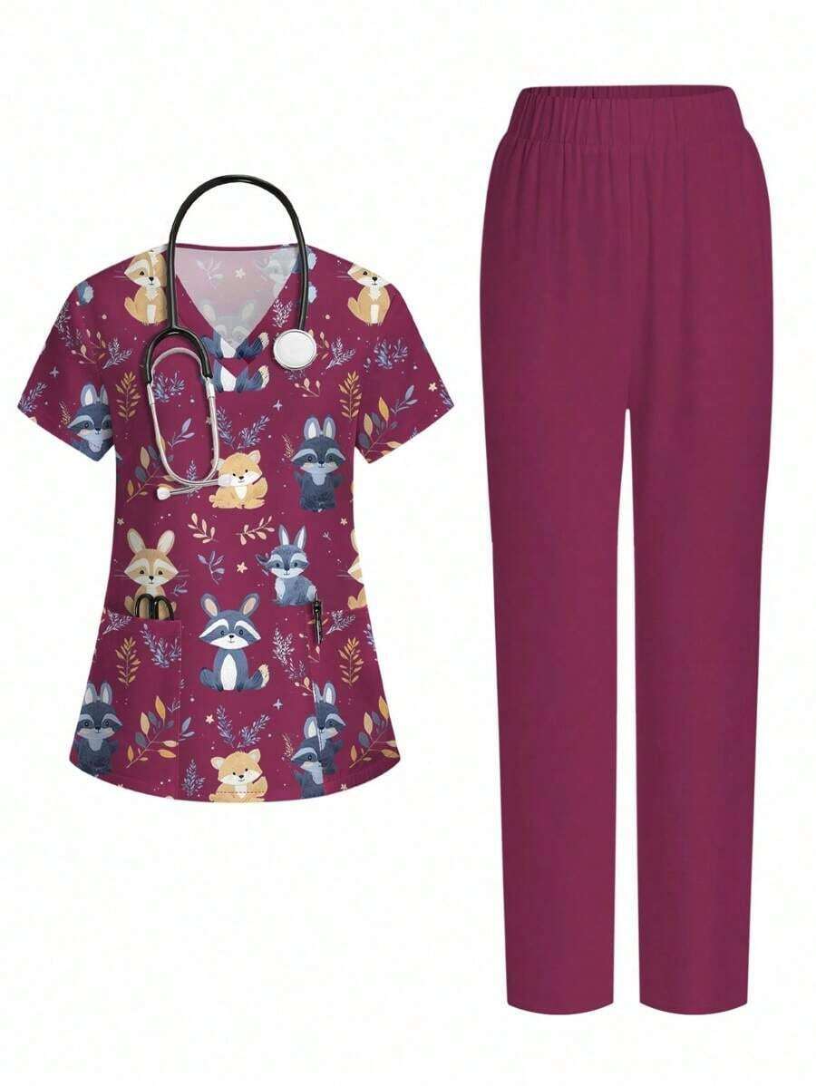 Conjunto de 2 piezas con top de manga corta con cuello en V blanco con bolsillo y diseño de oreja colgante, estampado de mariposa y flores, y pantalón recto para mujer, uniforme de enfermera de primavera/verano, conjunto casual, uniforme - Multicolor 2 - Ver 1