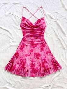Vestido mini de mujer para vacaciones con tirantes finos, escote pronunciado, espalda descubierta, lazo, bajo estilo sirena, estilo romántico, vestido mini para pausas de té, caminatas al aire libre, citas, atuendo de playa, malla, joven y feme - Multicolor - Ver 6