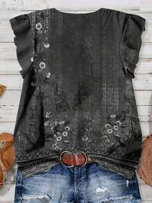 Blusa casual con cuello en V, estampado floral y volante en el bajo, adecuada para el verano - Gris Oscuro - Ver 2
