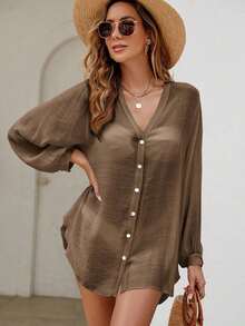 Holidaya Kimono unicolor con botón delantero - Café integral - Ver 8