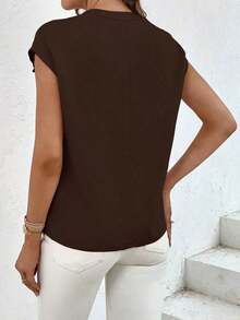 Camisa casual de mujer de unicolor con cuello en V, abotonadura sencilla y bolsillo - Café integral - Ver 2