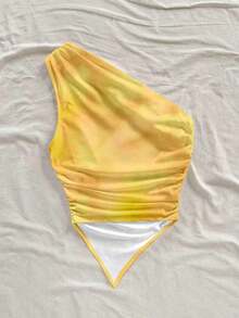 Blusa de estilo vacacional minimalista y casual con estampado floral rosa para mujer, adecuada para el verano - amarillo ganso - Ver 2