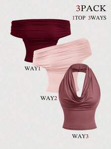 Set de 3 blusas de mujer de unicolor con pliegues, versátiles y de moda, para otoño/invierno, Navidad, Año Nuevo, hombros descubiertos, estética, festivales, campo, vacaciones en la playa, té, modestas, baile de graduación, lindas - Rosa vieja - Ver 1