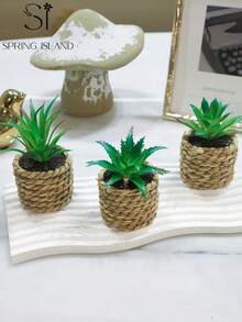 3件組人造藤編小多肉盆栽植物，綠色，PE材質，聚酯纖維材質，桌面裝飾，學校宿舍辦公室裝飾，派對活動節日生日派對裝飾，居家玄關酒店餐廳臥室廚房花園裝飾，綠色裝飾 - 多色-D - 查看 6