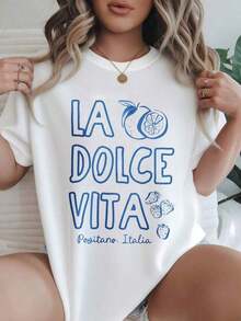 Women's Casual Short Sleeve T-Shirt - La Dolce Vita Positano Italy With Fruit Design, Round Neck, Summer Top, Machine Washable, Ladies' T-Shirts, Casual Wear, Modern Style, Comfortable Fit

-White - 白色 - 查看 7