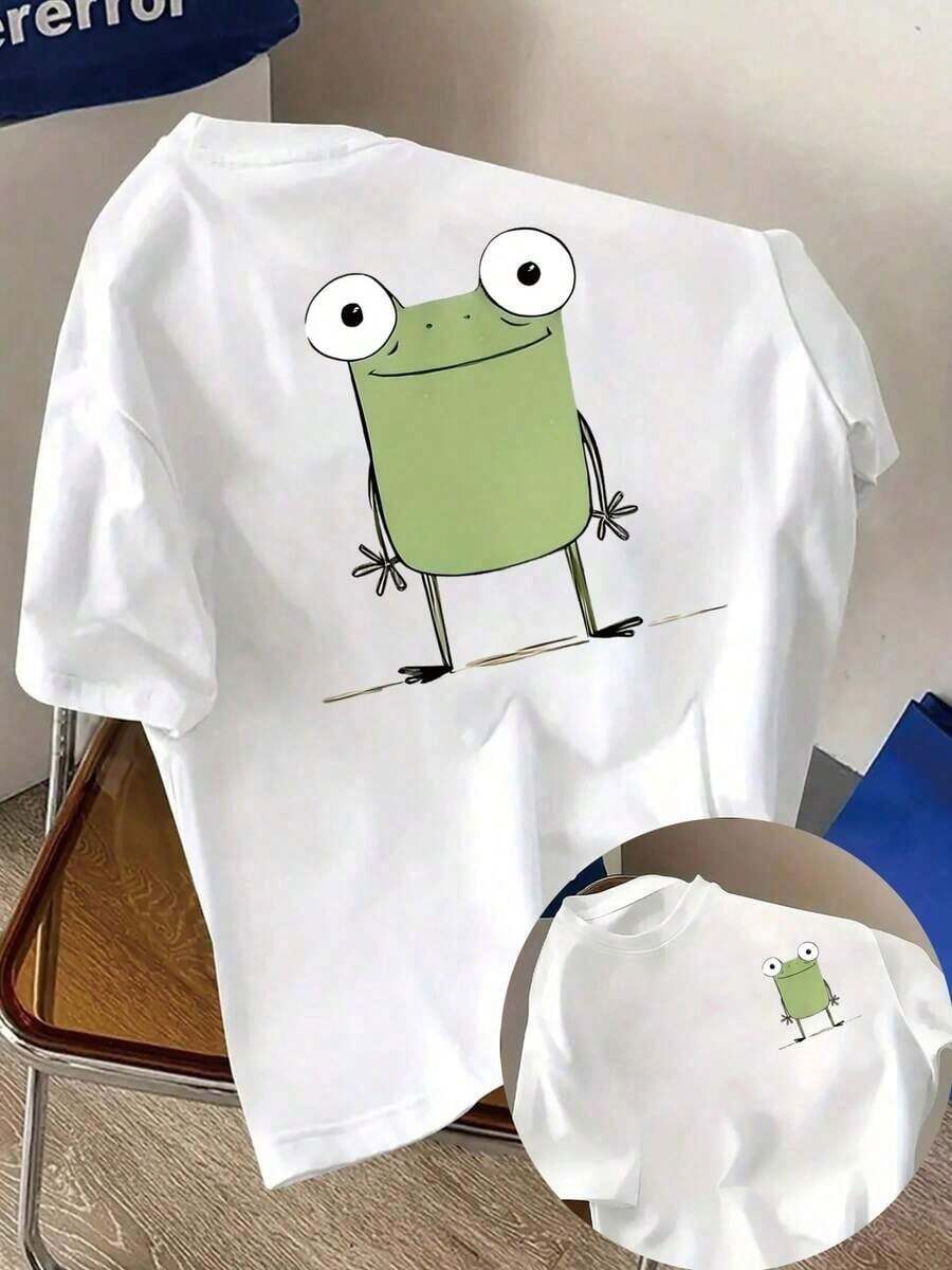 Camisetas de talla grande para mujer, de manga corta, estilo casual, con estampado de rana en la parte delantera y trasera - Camiseta de moda con estampado de rana de dibujos animados - Camiseta estampada de primavera y verano para mujer, artículo de moda, transpirable y cómoda. - Blanco - Ver 1