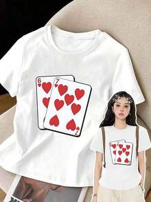 Camiseta de manga corta de talla grande para mujer - Camiseta básica casual de corte holgado, elegantes tops de poliéster, camiseta de manga corta con estampado frontal - Corazón Rojo Seis, Corazón Rojo Siete - Camiseta estampada de primavera/verano para mujer, artículo de moda, versátil y casual, transpirable y cómoda. - Blanco - Ver 10