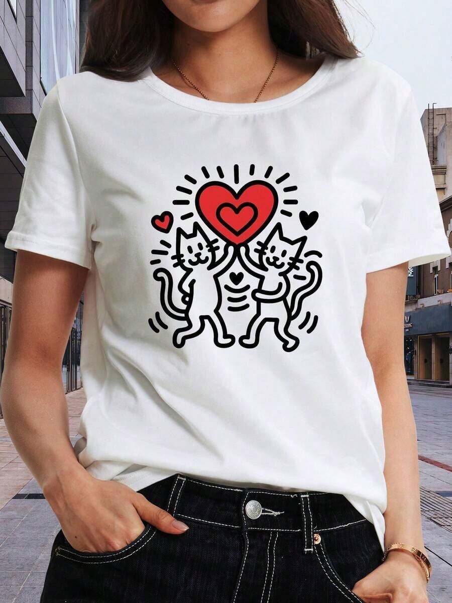 1 pieza de camiseta para mujer con estampado "Love From The Cat", suave y transpirable, elasticidad media, lavable a máquina, camiseta de cuello redondo estampada, ropa de mujer, ropa casual de manga corta, 180g 100% algodón, los patrones son todos estampados. Unisexo. - Blanco - Ver 1