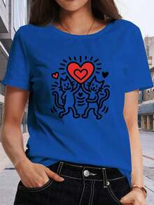 1 pieza de camiseta para mujer con estampado "Love From The Cat", suave y transpirable, elasticidad media, lavable a máquina, camiseta de cuello redondo estampada, ropa de mujer, ropa casual de manga corta, 180g 100% algodón, los patrones son todos estampados. Unisexo. - Negro - Ver 10