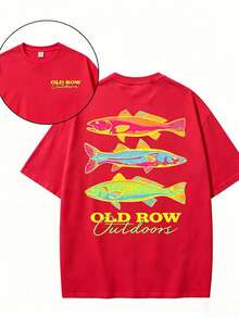 Men's Casual Summer Washed Cotton T-Shirt Old Row Outdoor Fish Print, Round Neck Short Sleeve Lightweight Knitted Fabric, Rib Details 100% Cotton - 純棉紅色 - 查看 5