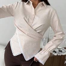 A Sophisticated Coffee, Apricot, Blue, Red, Pink Or White Striped Long-Sleeve Shirt With A Flattering Waist-Cinching Cut And A Unique Cross-Front Design – Elevating Casual Elegance For Evening Parties, Work-From-Home Lounging & Everyday Chic. Elitara Dresses Elitara - 杏色 - 查看 1