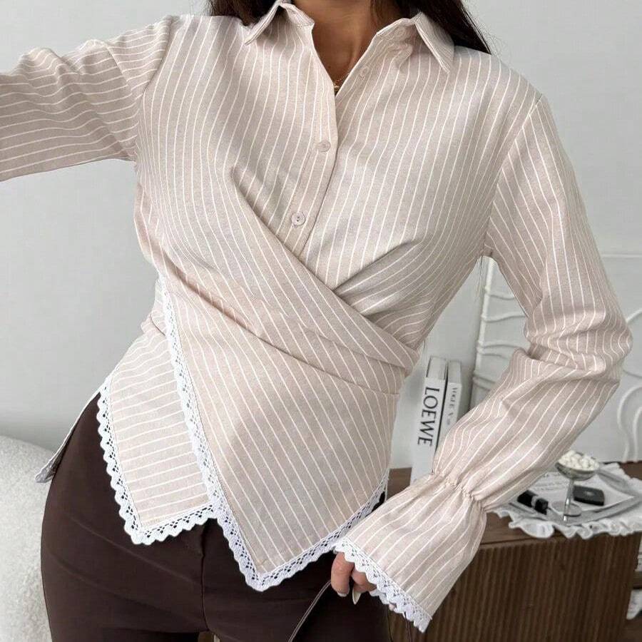 A Sophisticated Coffee, Apricot, Blue, Red, Pink Or White Striped Long-Sleeve Shirt With A Flattering Waist-Cinching Cut And A Unique Cross-Front Design – Elevating Casual Elegance For Evening Parties, Work-From-Home Lounging & Everyday Chic. Elitara Dresses Elitara - 杏色 - 查看 1