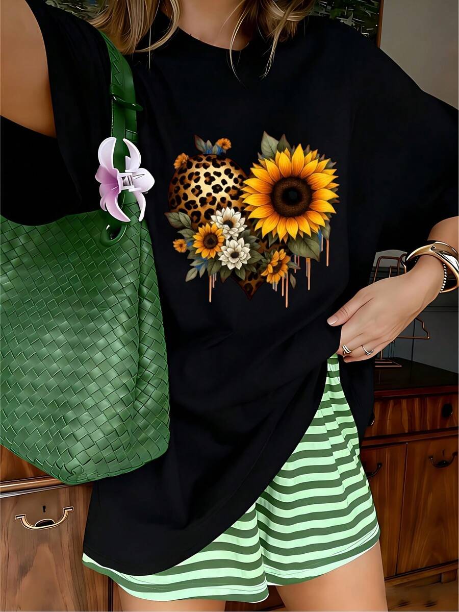 Western Leopard Print Sunflower Dripping Heart Graphic T-Shirt, 100% Cotton Oversized Soft Breathable Stylish Tee, Casual Crewneck Short Sleeve Top for Summer & Country Style Lovers