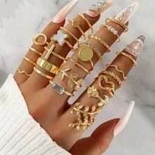 24件套女士几何心形蝴蝶水钻戒指、珍珠戒指、独特高端指节戒指套装 - 金黃色 - 查看 3