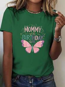Camiseta de manga corta con estampado de mamá de la niña de cumpleaños, blusa casual para verano y primavera, ropa para mujeres - Verde - Ver 6