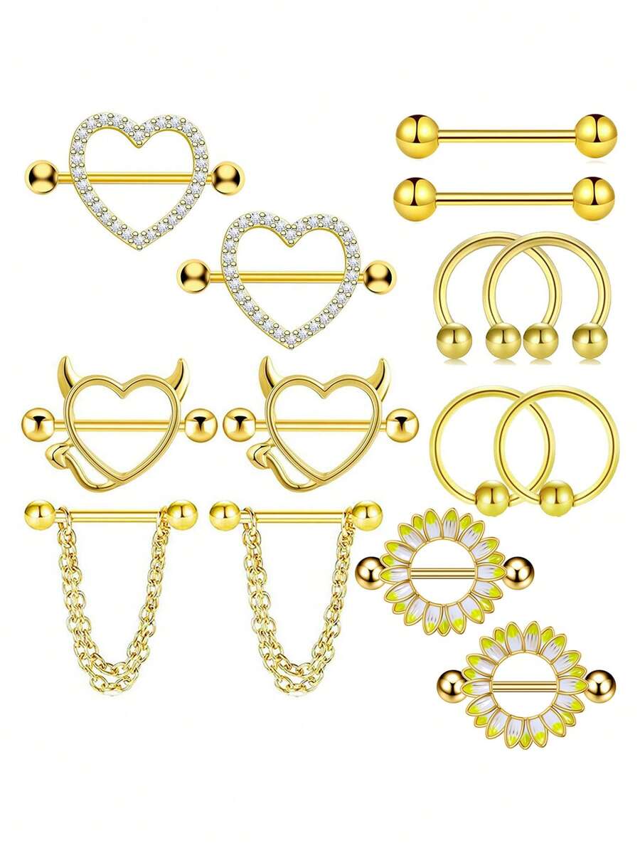 14pcs Copper Micro-Inlaid Heart-Shaped Rhinestone Devil Heart Nipple Rings Set, Stainless Steel Piercing Jewelry Suitable For Daily Wear - 14-piece Set Of Nipple Studs - View 1