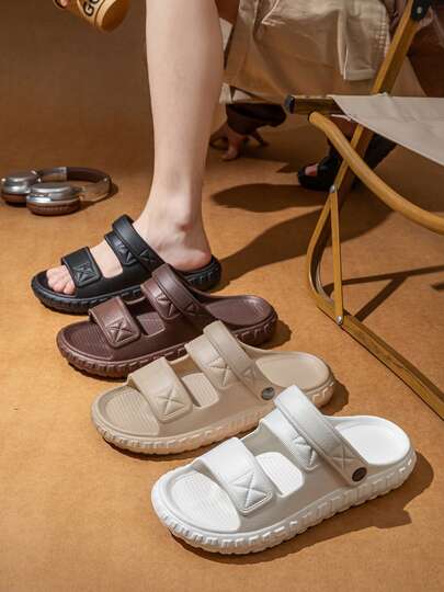 Unisex Adjustable Heel Slide Sandals, Solid Color Minimalist Double Strap EVA One-Piece Comfortable Non-Odor Slippers, Suitable For Beach, Casual Walks, Indoor Home, Bathroom