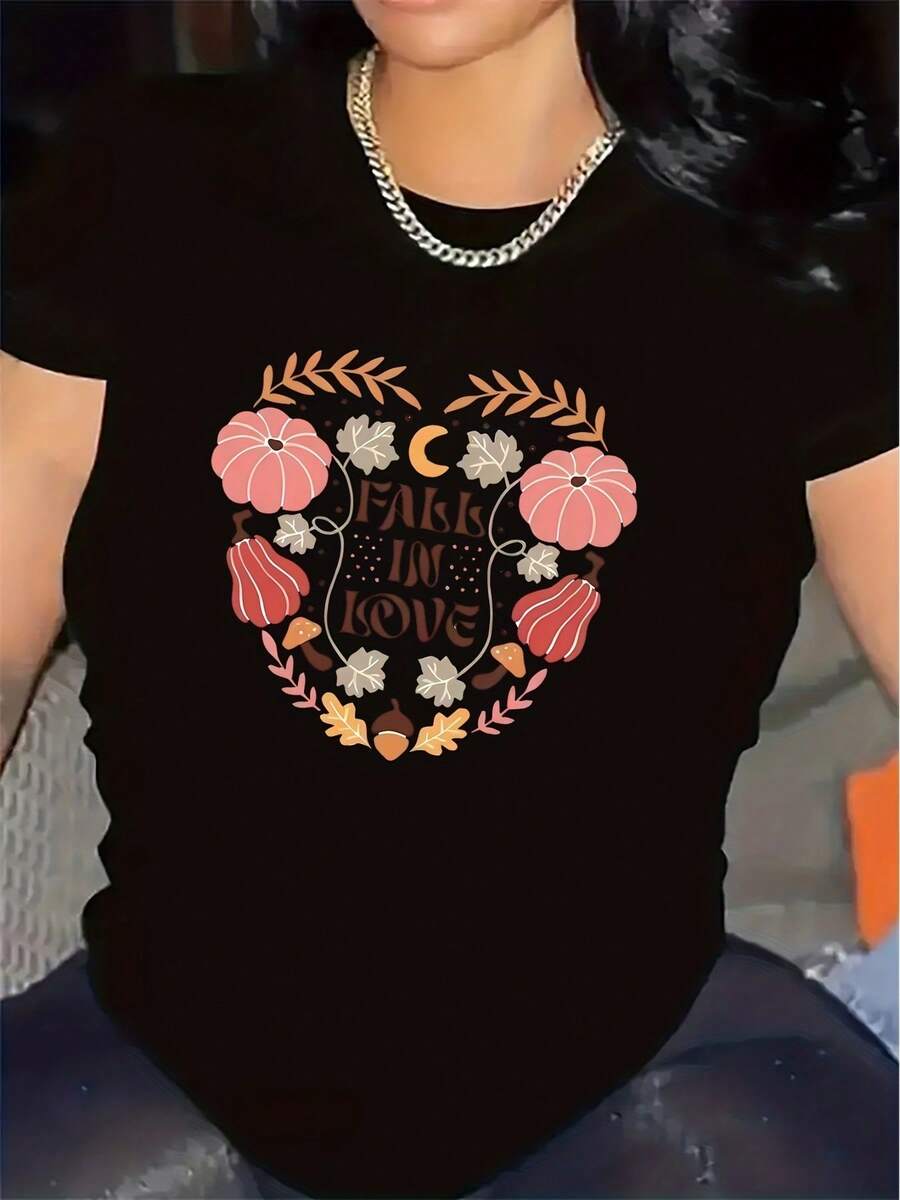Premium Women's Autumn T-Shirt, A Gift For Your Loved One - Round Neck T-Shirt With Crescent Moon And Heart-Shaped Chestnut Print - A Suitable Gift Item, Machine Washable Casual Autumn Wear, Suitable For All Seasons (A Gift For Her), Cute. New Arrival - 黑色 - 查看 1