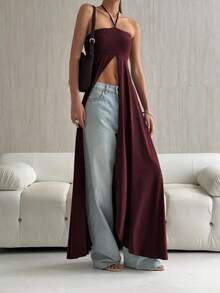 Vestido elegante sin mangas estilo halter diseño exclusivo, corte ajustado con abertura amplia, estilo versátil y único - Burdeos - Ver 2