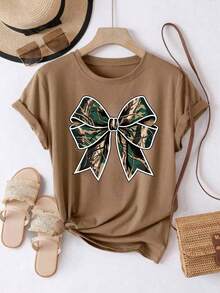 Camiseta oversize marrón de verano para mujer con estampado "Mama" mixto y lazo occidental Playera holgada de cuello redondo con diseño de letras "Mama" con estampados animales y lazo - YH373 - Marrón - Ver 2