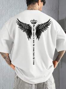 Lässiges Herren-T-Shirt im amerikanischen Stil mit Kronen- und Flügelprint (Sommer 2026), lockere Passform, Rundhalsausschnitt, atmungsaktiv, einfarbig, bequeme Freizeitkleidung - Weiss - Übersicht 3