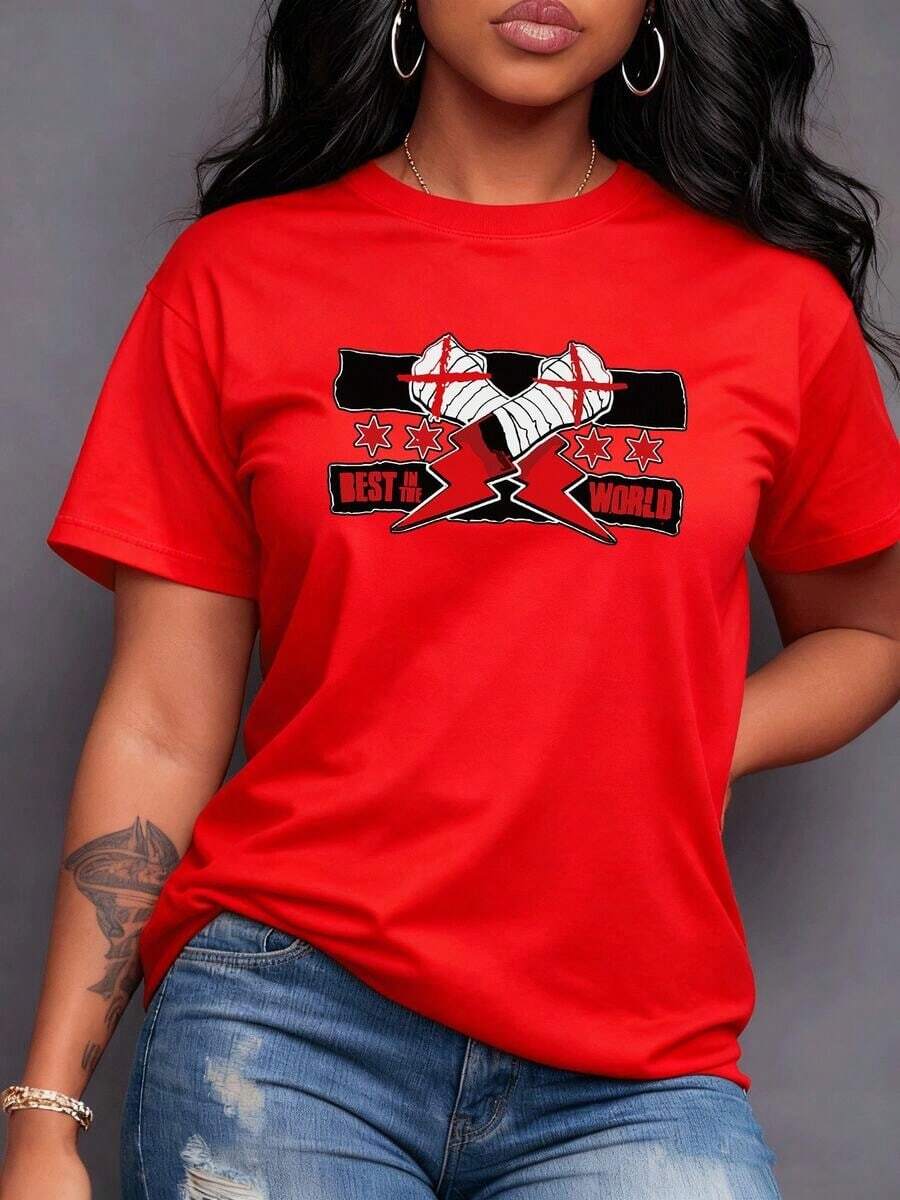 Poderoso estampado de manos vendadas con cruces rojas que evocan la fuerza inquebrantable y el espíritu luchador Rayos vibrantes y estrellas rodean la frase BEST IN WORLD simbolizando la victoria la excelencia y la determinación feroz de la mujer moderna Camiseta de mujer% algodón-Vintage Street Style Unisex Loose Cotton Short Sleeve Crew Neck-Shirt - Rojo - Ver 1