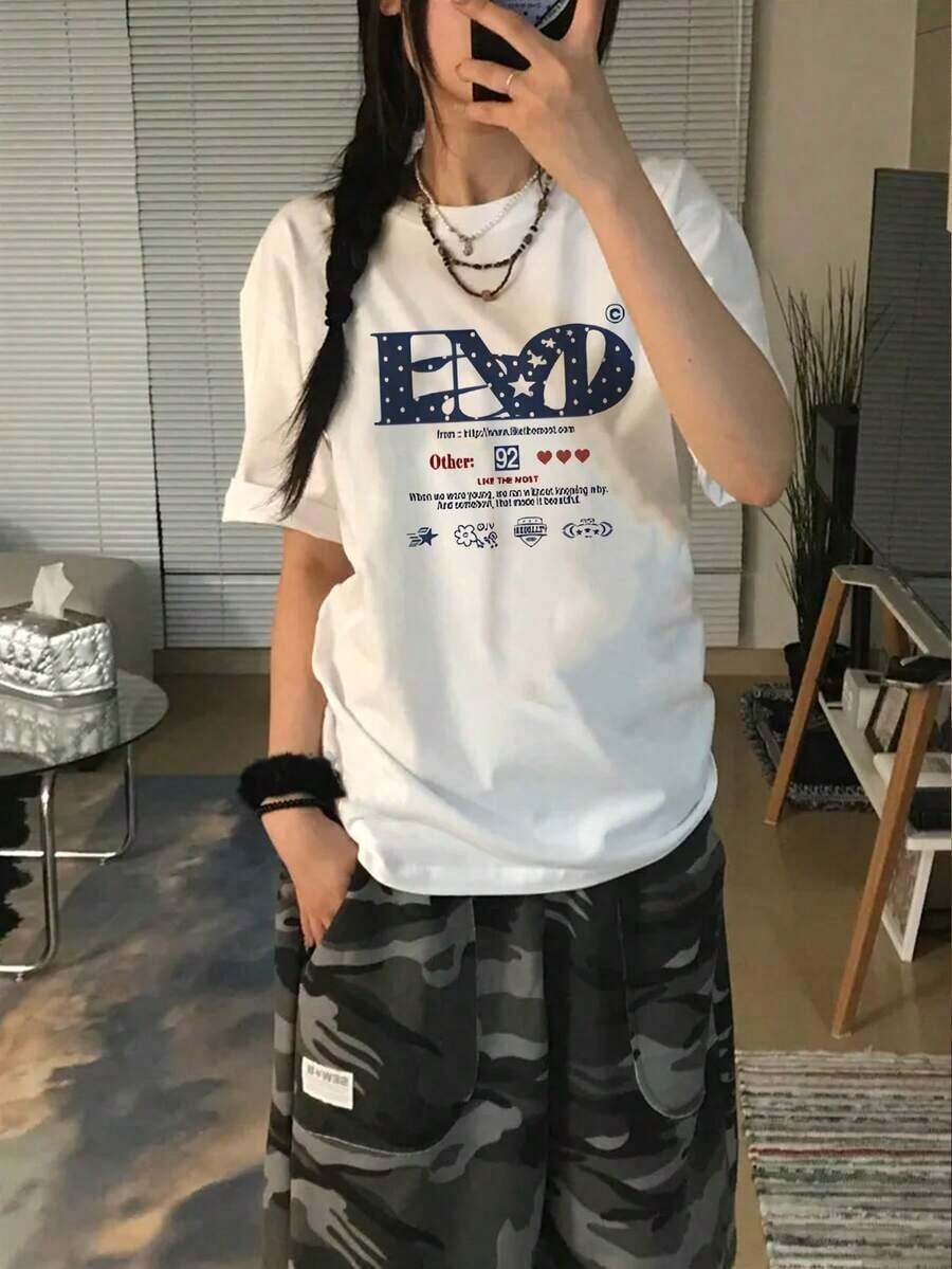 Camiseta de manga corta para mujer 100% algodón.Diseño holgado, versátil y a la moda.Peso de 200g.Top de una pieza. - blanco - Ver 1