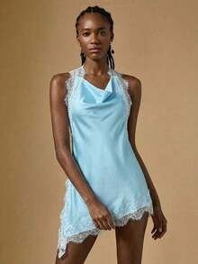 Blusa de satén y encaje con cuello drapeado y espalda descubierta, sexy para vacaciones en la playa, verano - Celeste - Ver 4