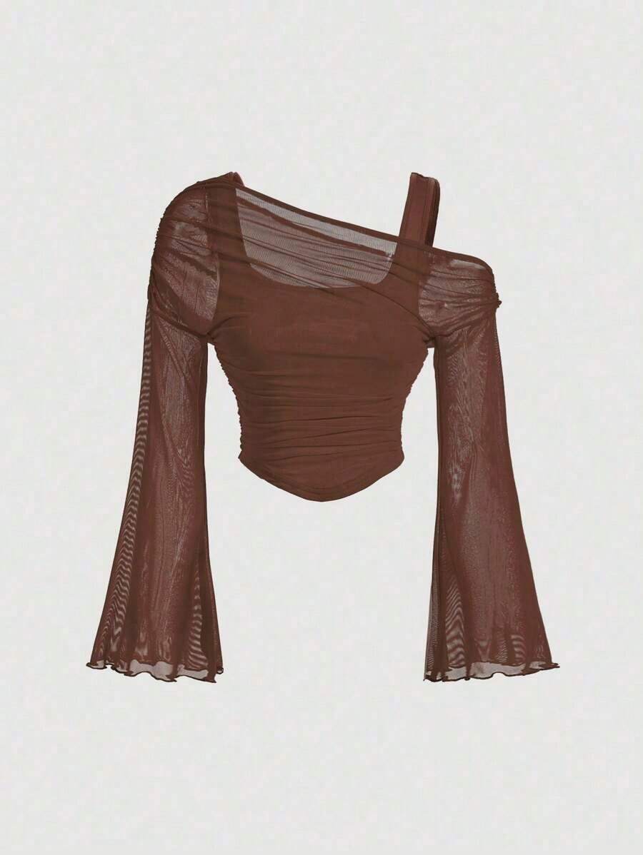 STop largo de mujer con mangas trompeta de 2 en 1 con hombros descubiertos y malla, estilo occidental, vintage, de los 70, The Bachelorette - Café integral - Ver 1