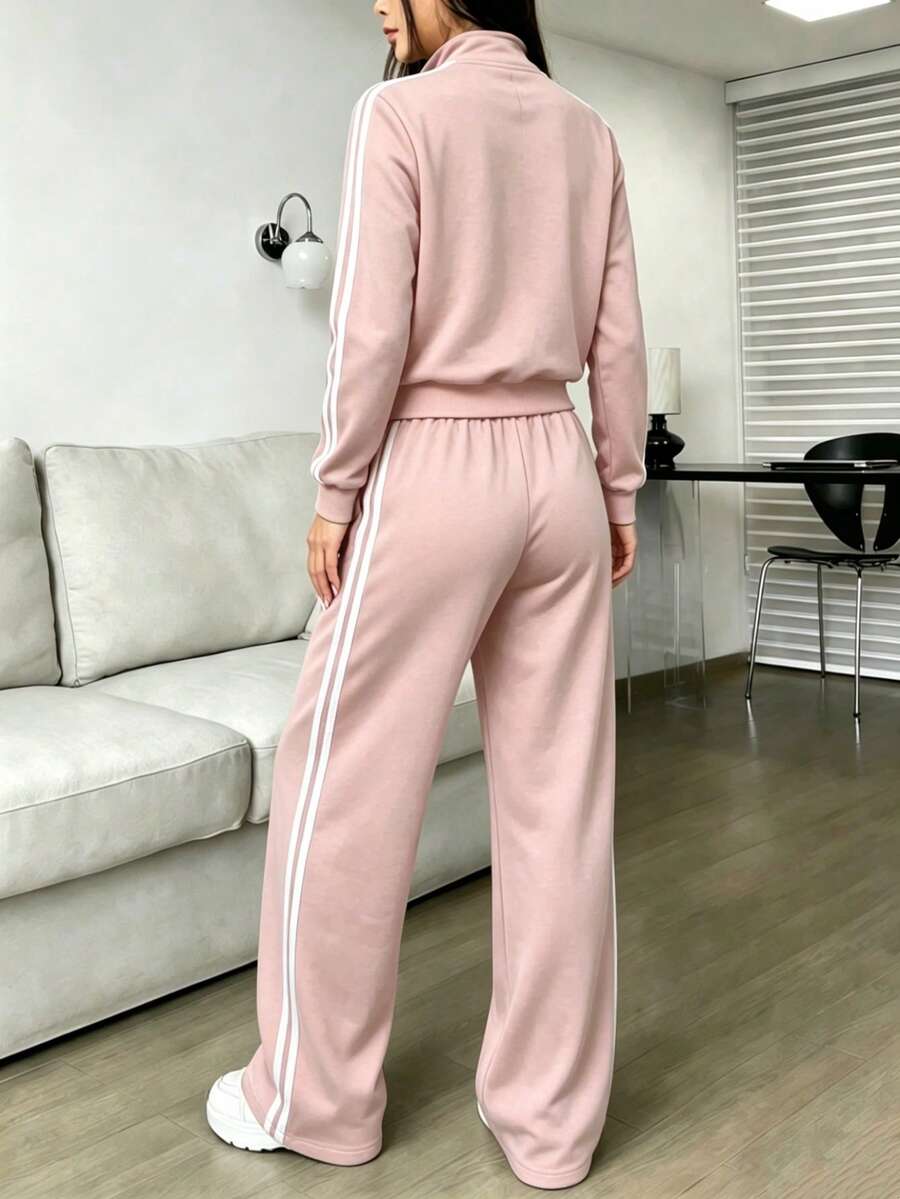 Conjunto De Top Corto De Manga Larga Y Pantalón Para Mujer Con Diseño De Bloques De Color - Rosa - Ver 1