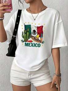 Soft Cotton T-Shirt For Women. Mexican Flag With Cactus, Sombrero, Chili Pepper, And Bottle Celebrating National Pride In Vibrant Colors. Comfortable And Casual T-Shirt For Women, 100% Cotton. Oversized Printed T-Shirt For Women, Casual Summer Wear. - 白色的 - 查看 6