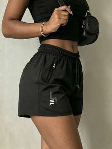 Women's Casual Sports Shorts, Lightning Print, Zipper Closure, Drawstring Waist, Suitable For Running, Sports, Casual Wear In Summer - Black - View 3