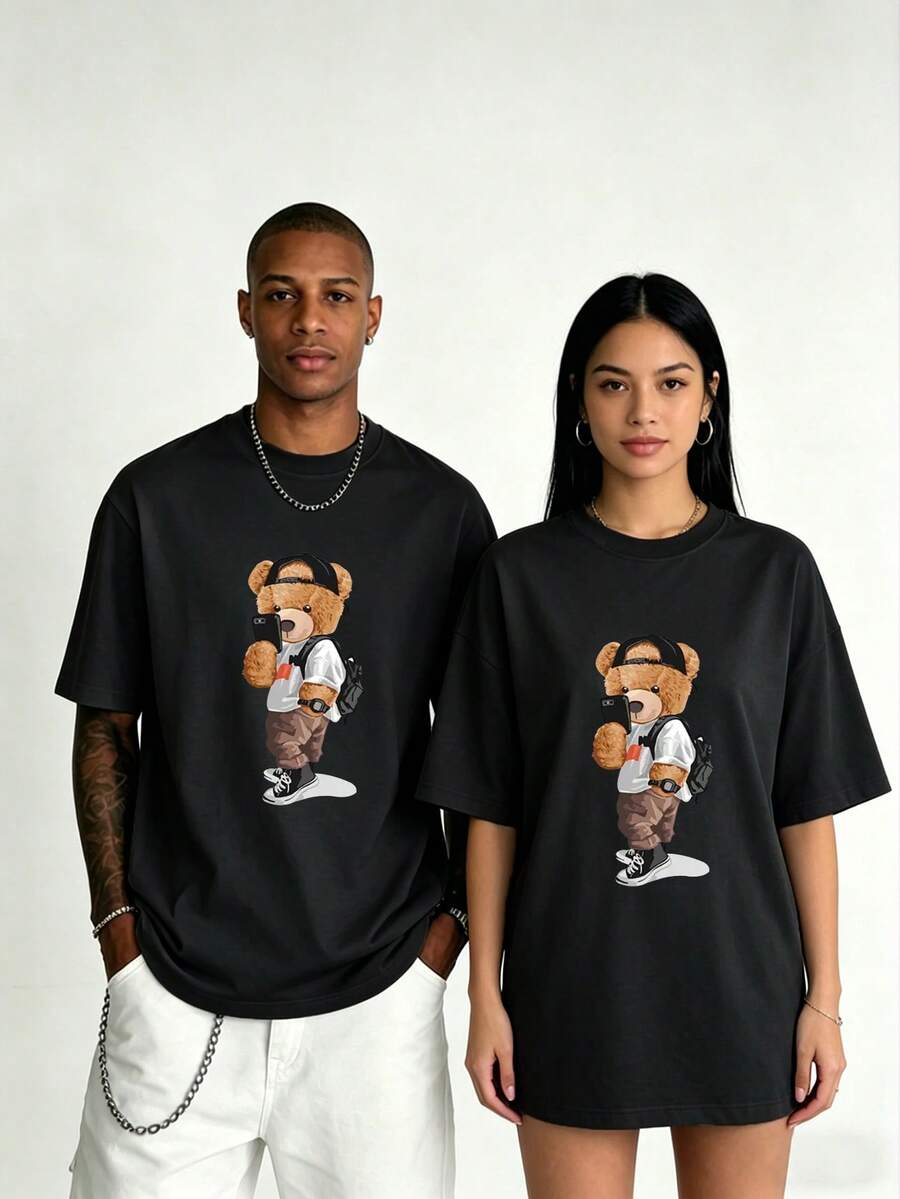 Heren Casual Cartoon Bear Print Korte Mouw Ronde Hals T-shirt, Geschikt Voor Woon-werkverkeer, Zomer - Zwart - Bekijken 1