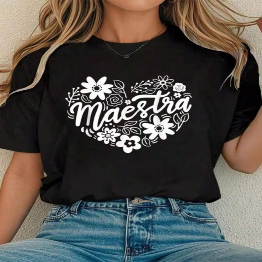 Women's Black Cotton 'Maestra' Floral Heart Print T-Shirt, Short Sleeve Round Neck, Casual Summer Top - Negro - Ver 1