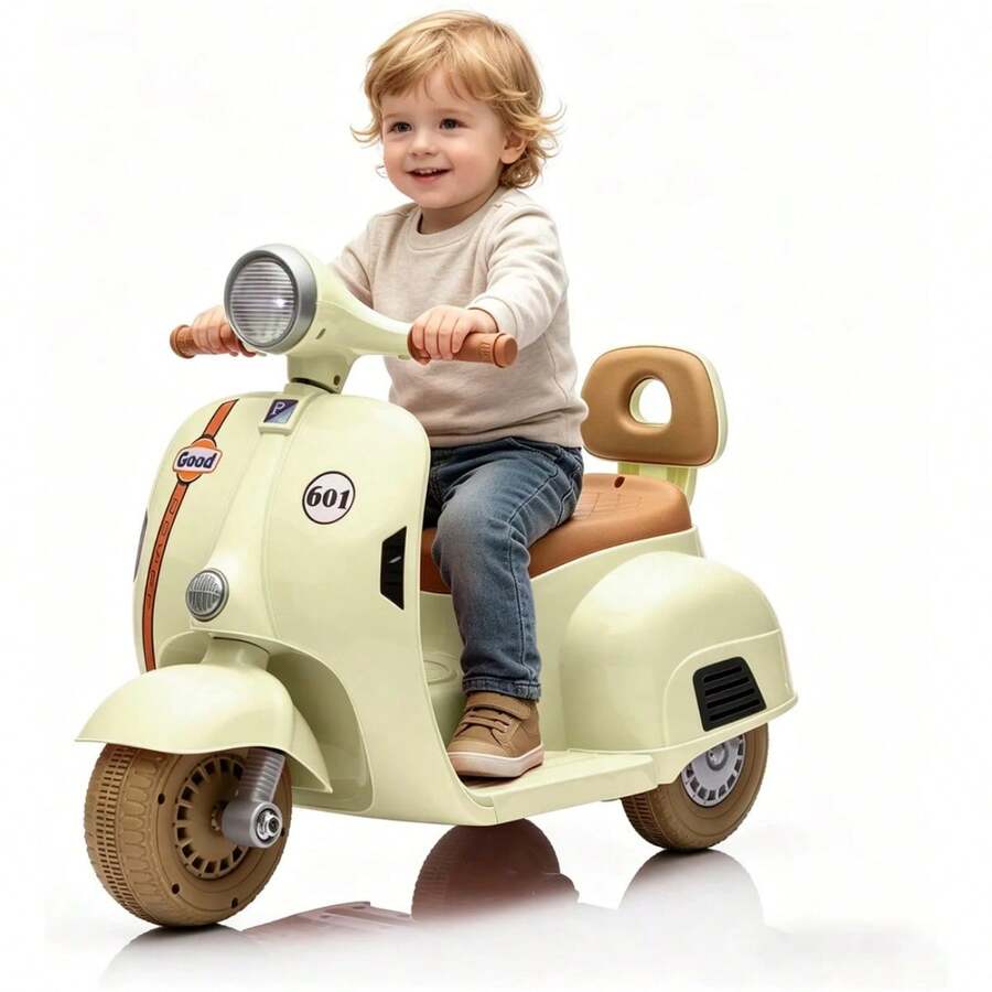 Moto Eléctrica Infantil Recargable con Música, Scooter de Juguete Estilo Retro para Niños y Niñas, Montable con Asiento de Cuero y Luces, Ideal para Bebés de 1 a 3 Años Muy Estable y Segura con Respaldo, Apta para Interiores y Exteriores, Fácil de Manejar para Niños Pequeños - Amarillo - Ver 1