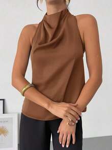 negra ajustada de estilo casual y elegante para la temporada de primavera/verano, con cuello asimétrico, sin mangas, escote halter, espalda descubierta y decoración de lazo - Café integral - Ver 6