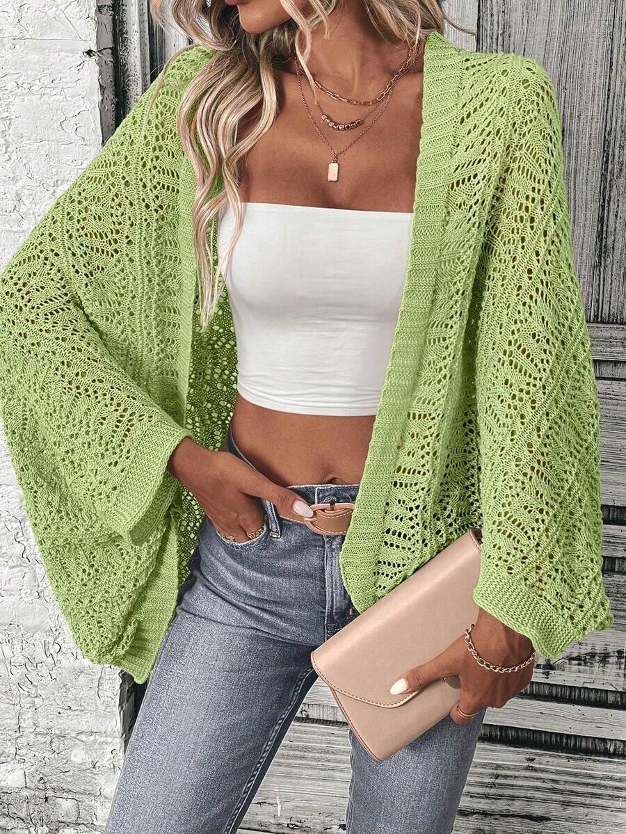 Cárdigan ligero y versátil de unicolor y diseño hueco para uso diario de mujer - Verde - Ver 1
