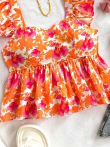 Blusa de corte de línea A con cuello cuadrado, manga corta y estampado retro azul y blanco, adecuada para fiestas, citas, el Día de San Valentín, el té de la tarde - Naranja - Ver 5